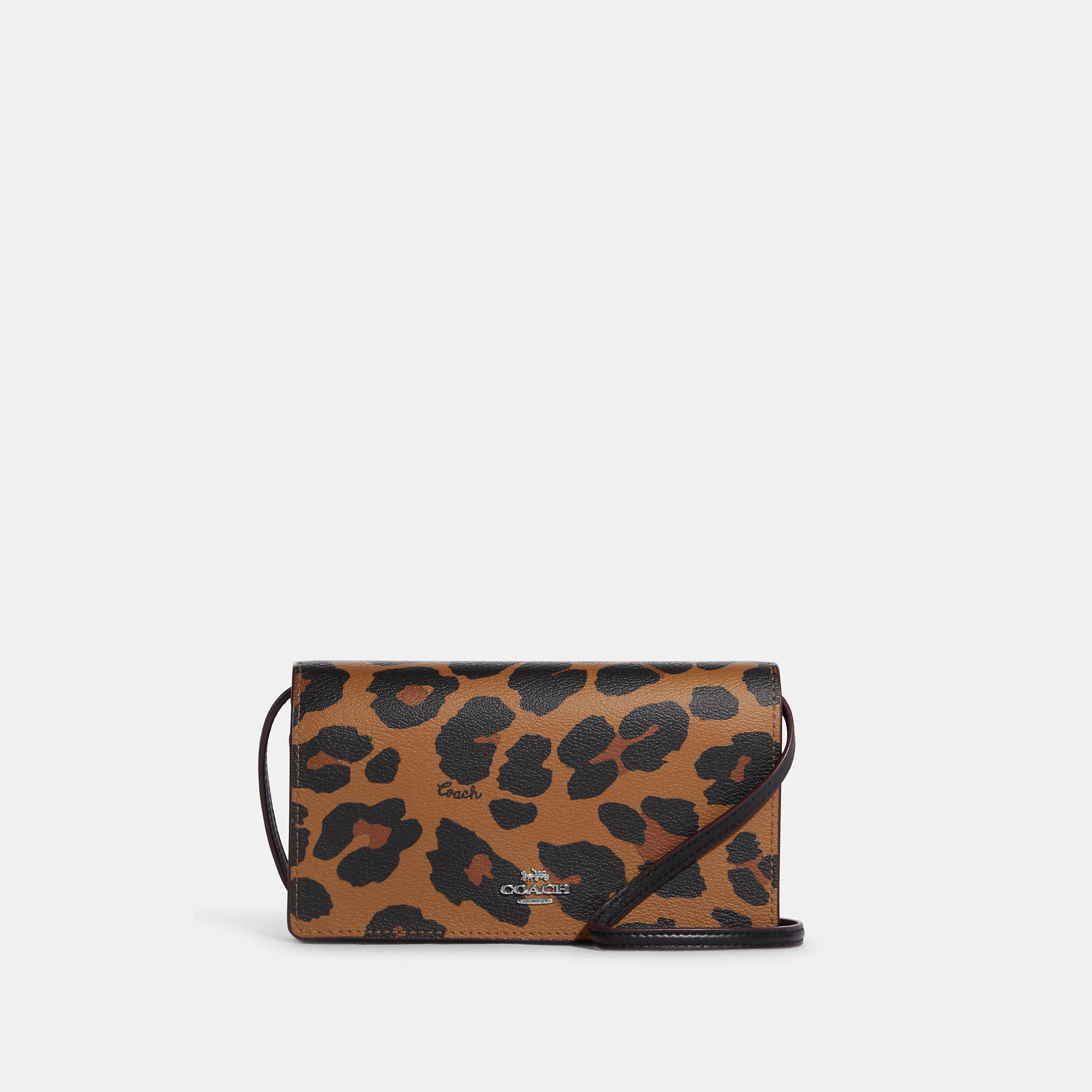 COACH Anna Foldover Clutch Crossbody With Leopard Print And Signature Canvas