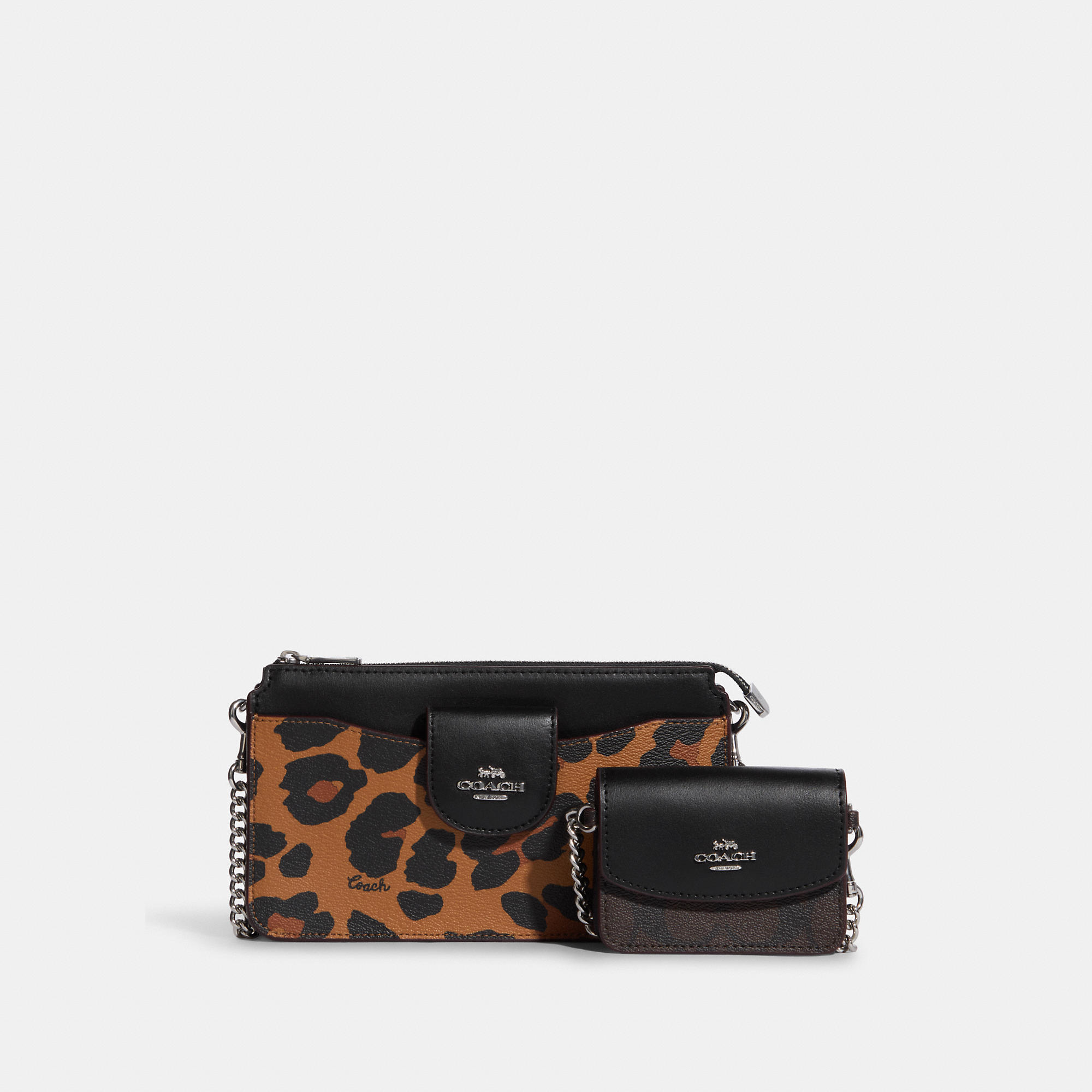 Coach Outlet Poppy Crossbody With Card Case With Leopard Print And Signature Canvas - Brown