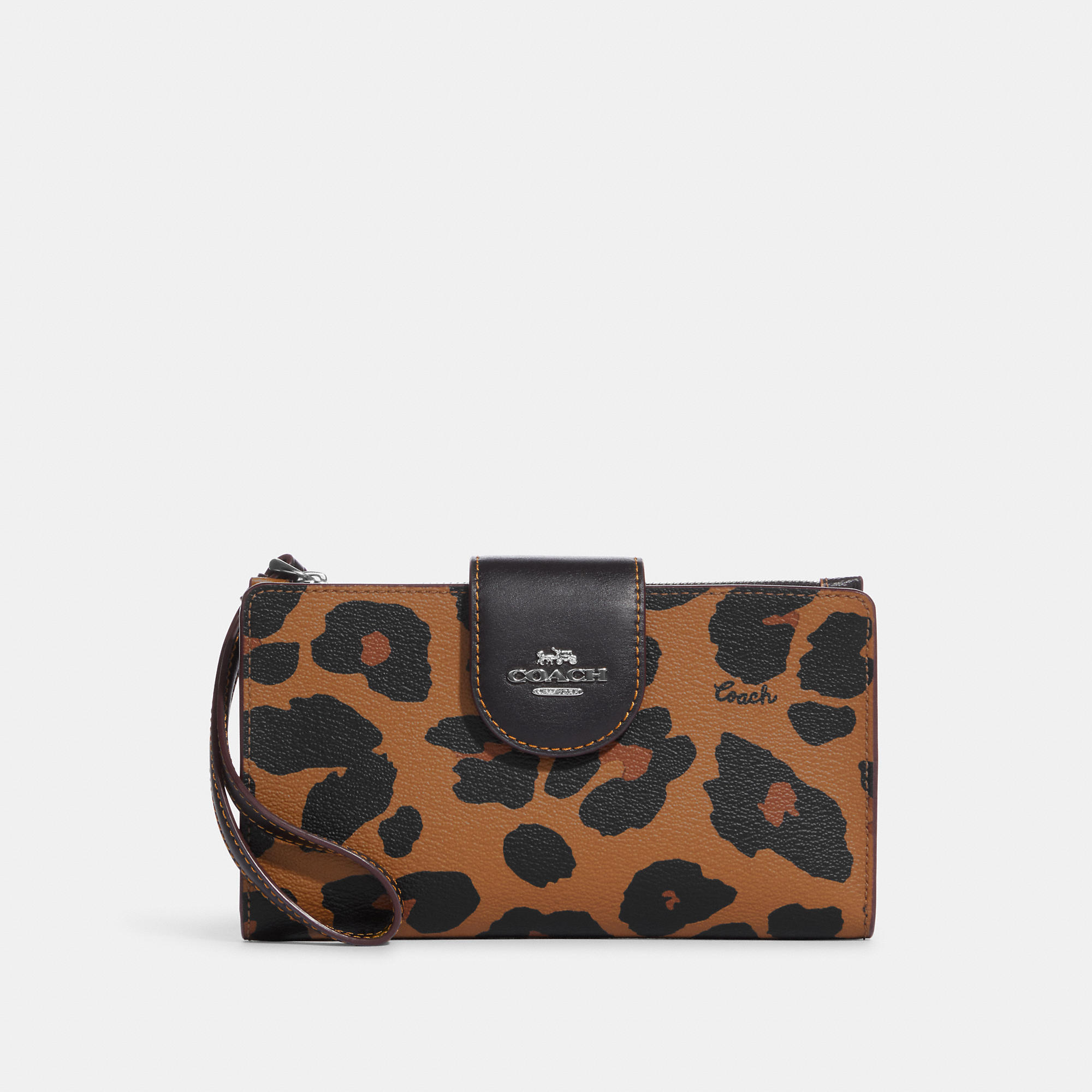 Coach Outlet Tech Wallet With Leopard Print And Signature Canvas Interior In Brown
