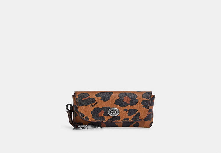 COACH®,SUNGLASS CASE WITH LEOPARD PRINT AND SIGNATURE CANVAS INTERIOR,Leather,Silver/Brown Black Multi,Front View