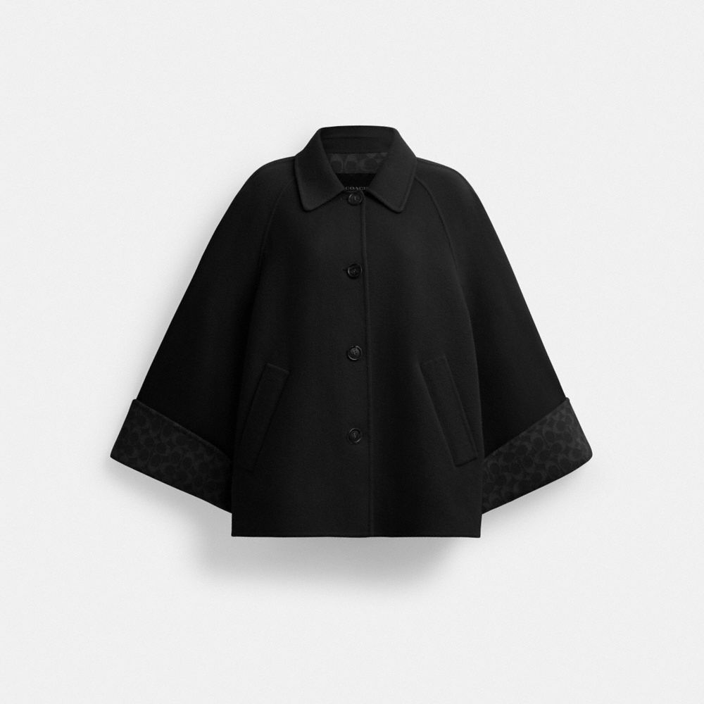 COACH®,Wool Swing Coat,Polyamide,Wool,Viscose,Wool Blend,Jacket,Logo,Pattern,Embellished,Casual,Black,Front View