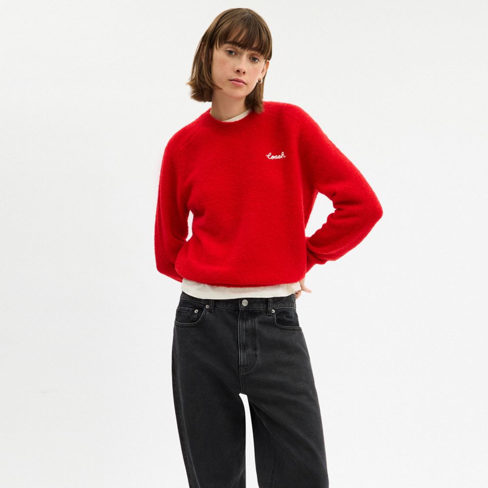 COACH®,Coach Embroidered Crewneck Sweater,Knit,Wool Blend,Wool,Spandex,Synthetic,Acrylic,Polyamide,Pullover,Sweater,Embell...,Red,Scale View