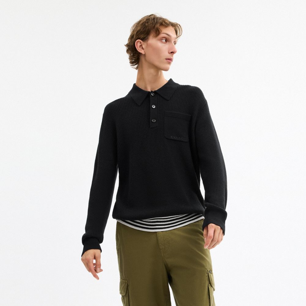 COACH®,Knit Long Sleeve Pocket Polo,,Scale View