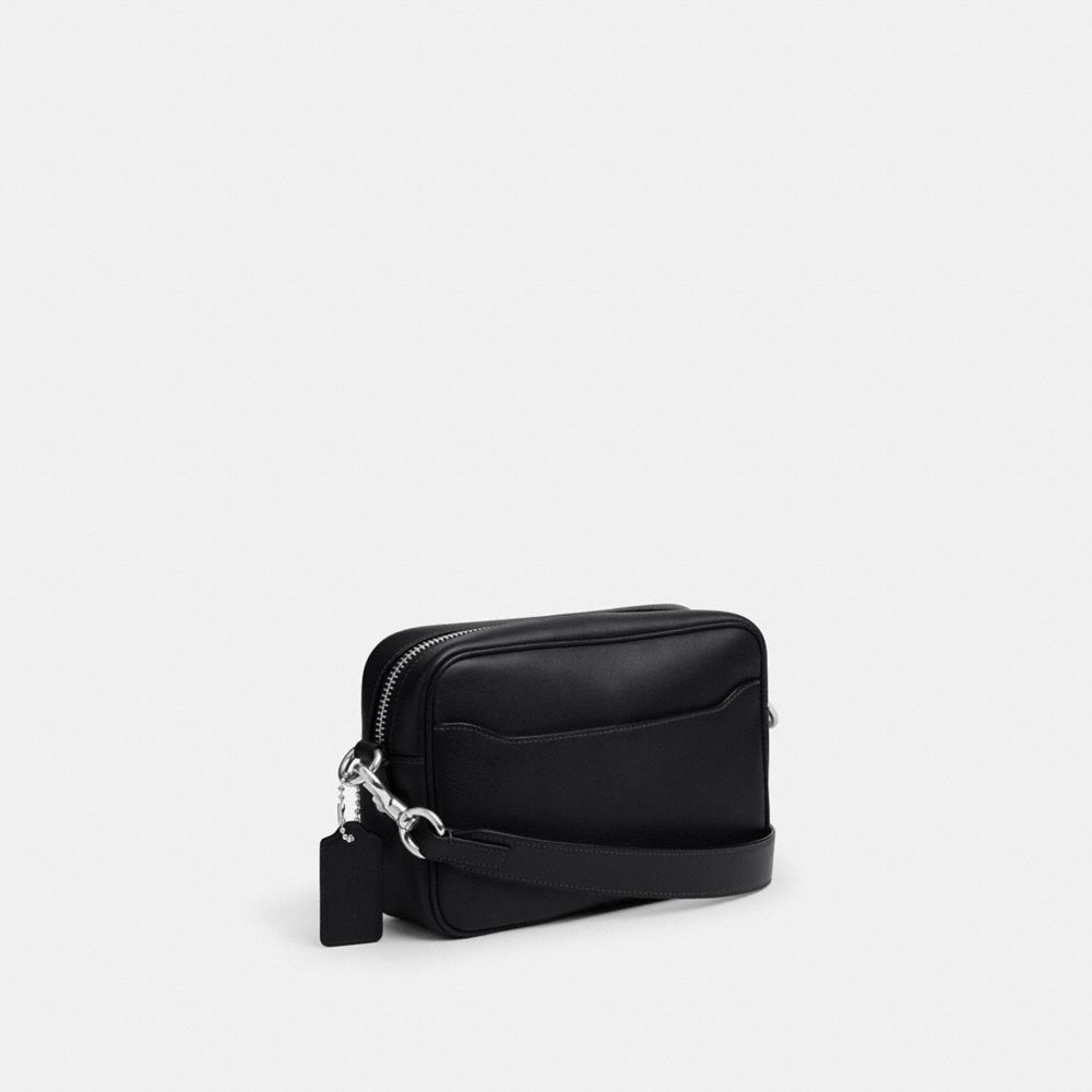 COACH®,Radio Camera Bag,Leather,Crossbody,Logo,Compact,Lined,Adjustable,Silver Metal,Casual,Black,Angle View