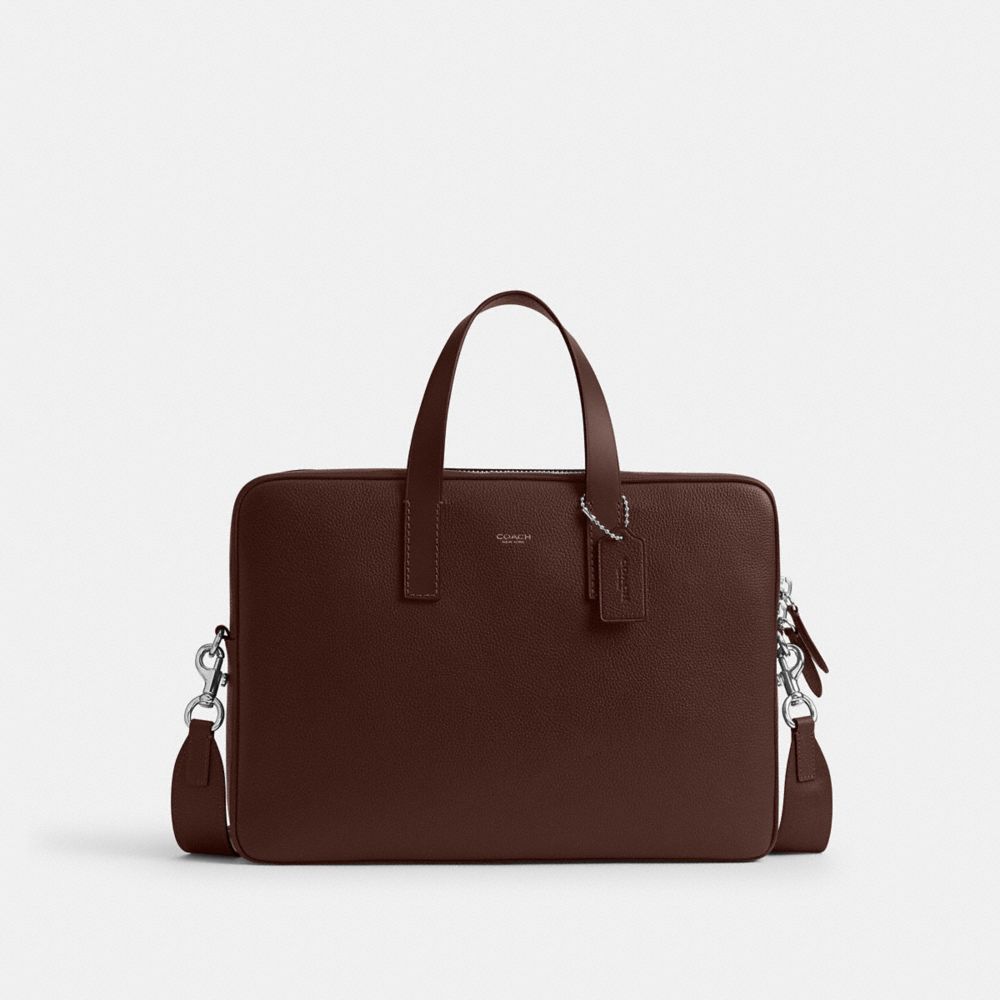 COACH®,Carlyle Brief Bag,Fabric,Leather,Briefcase,Convertible,Adjustable,Sustainable,Lined,Silver Metal,Work,Brown,Front View