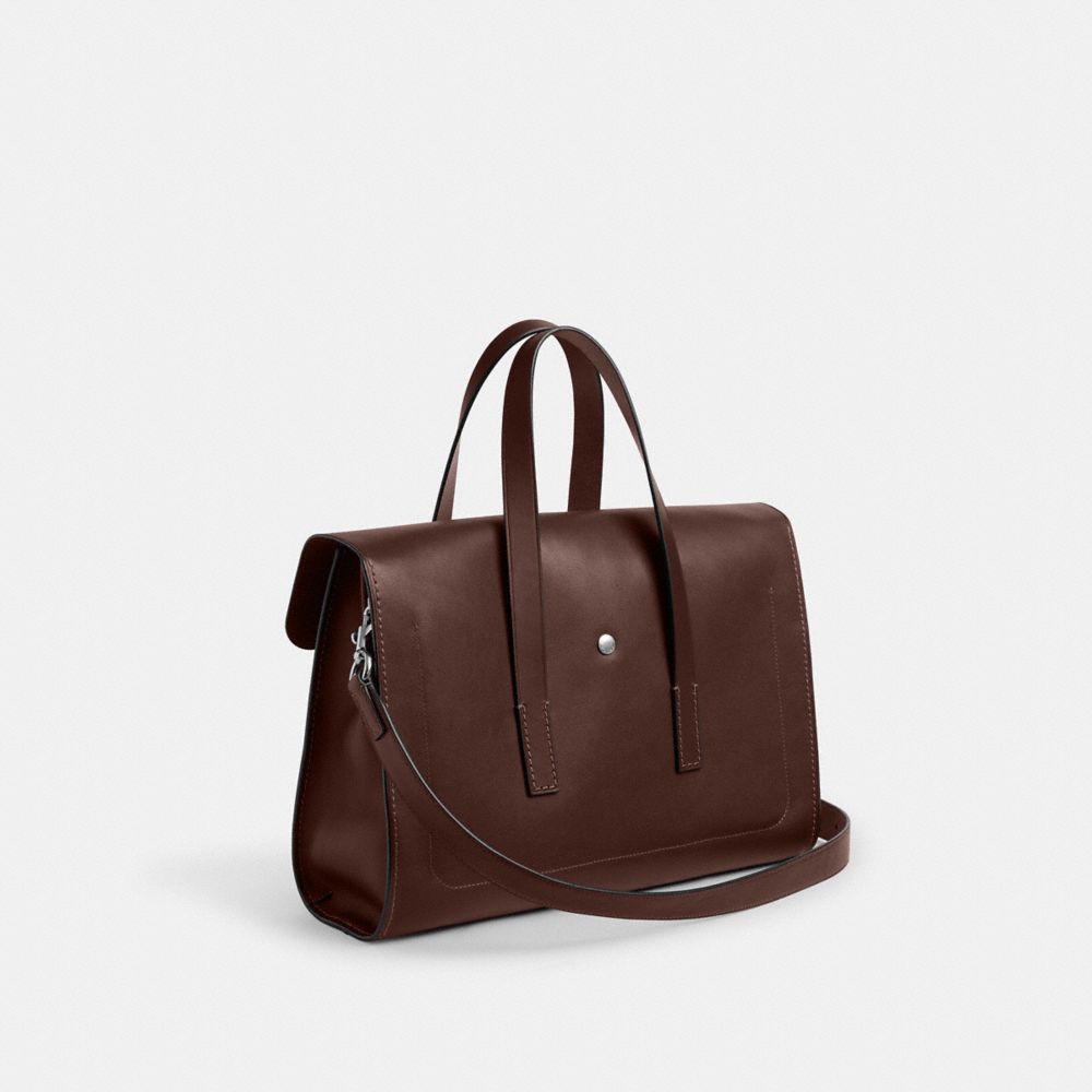 COACH®,Flatiron Portfolio,Leather,Lining Leather,Briefcase,Lined,Pen Holder,Durable Fabric,Silver Metal,Work,Brown,Angle View