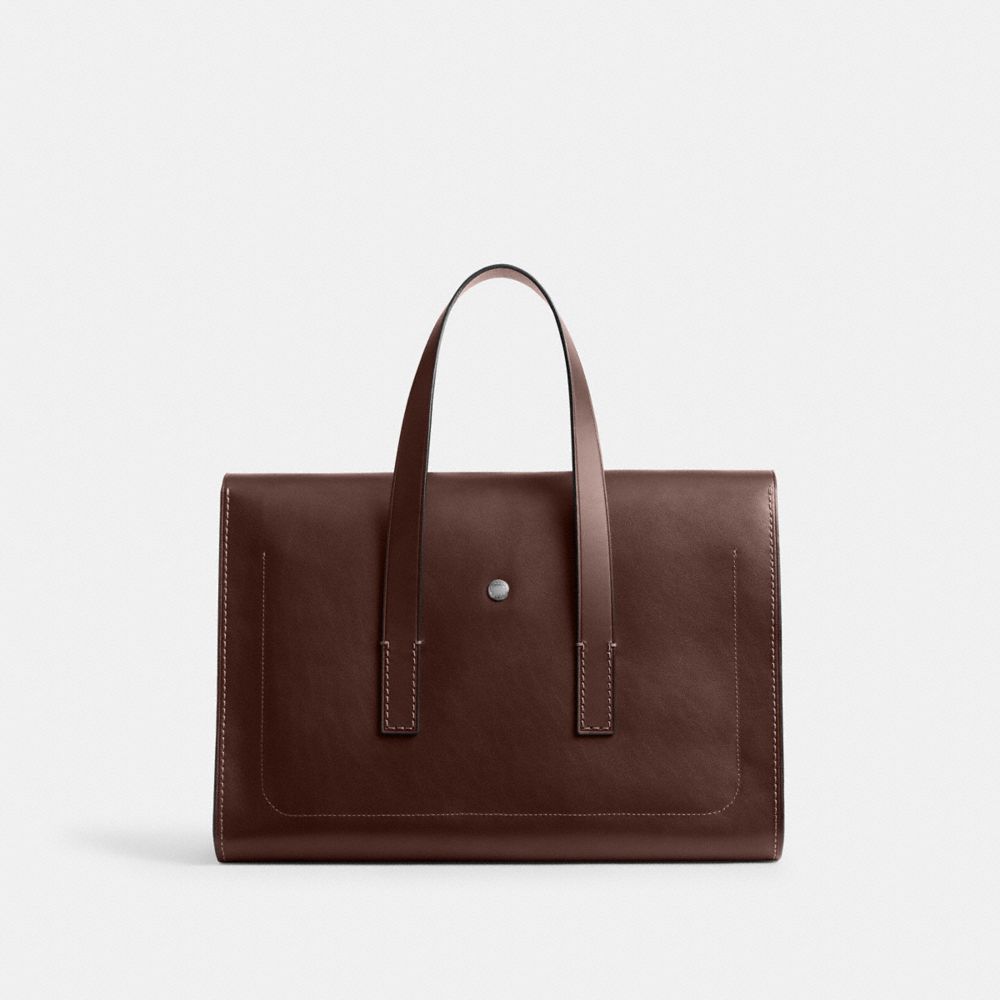 COACH®,Flatiron Portfolio,Leather,Lining Leather,Briefcase,Lined,Pen Holder,Durable Fabric,Silver Metal,Work,Brown,Back View