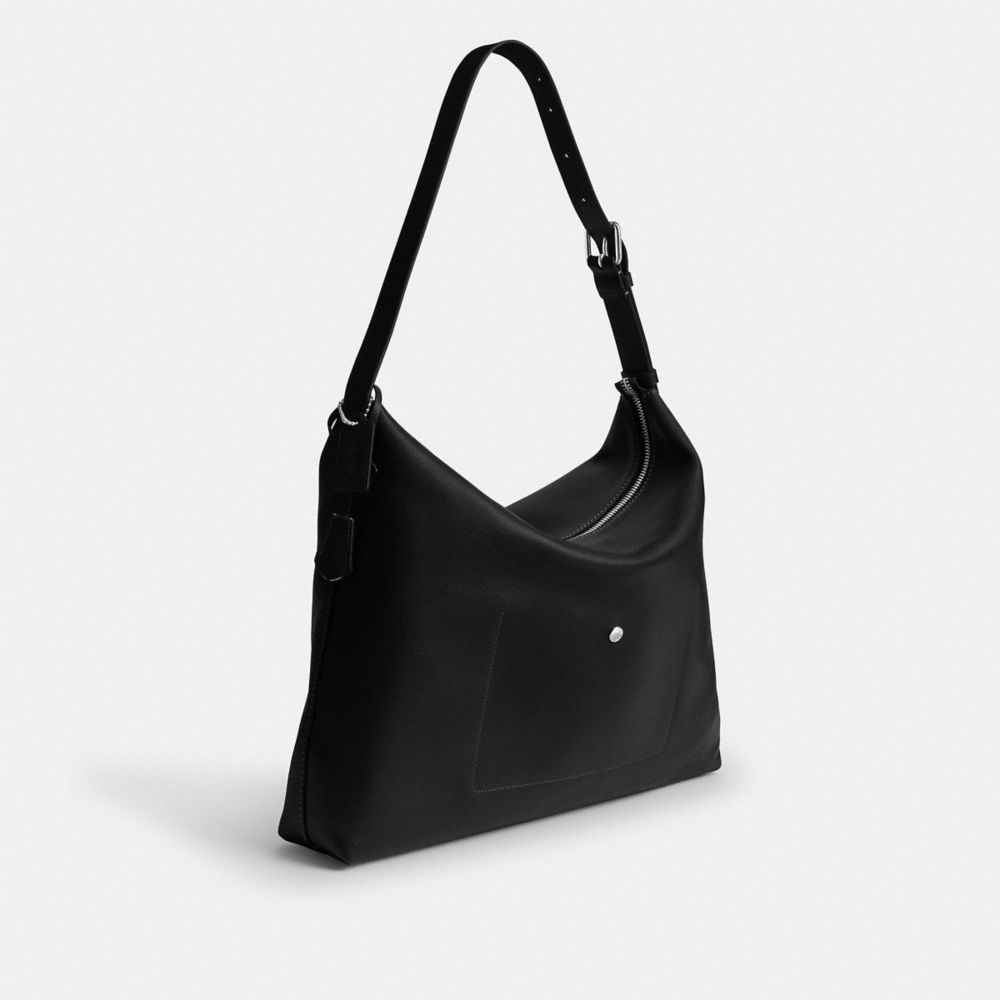 COACH®,Mott Messenger Bag,Leather,Crossbody,Adjustable,Lined,Silver Metal,Casual,Black,Angle View