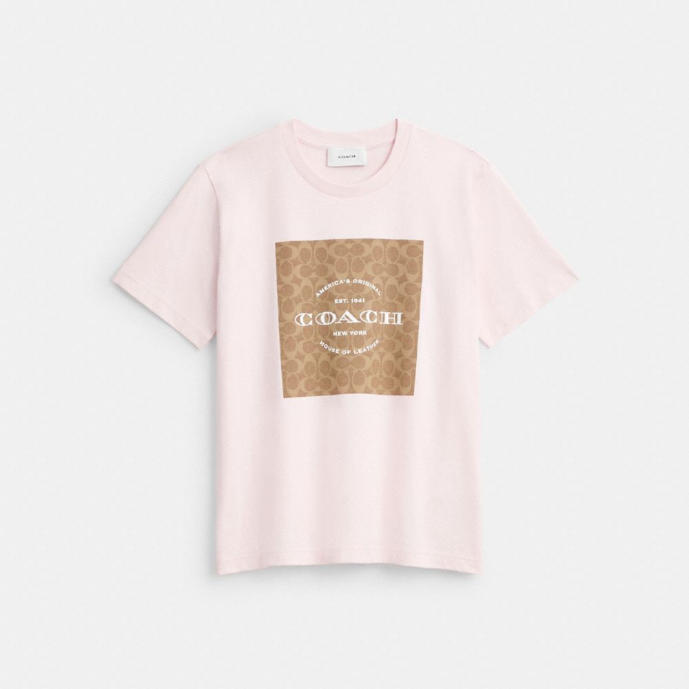 COACH®,Signature Square T-Shirt,Cotton,T Shirt,Logo,Word Embellishment,Casual,Pink,Front View