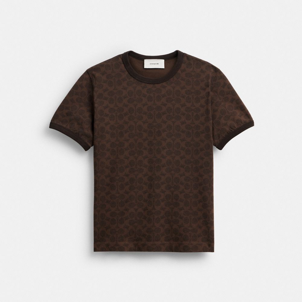 COACH®,Signature Ringer T-Shirt,Cotton,Knit,Cotton Knit,T Shirt,Pattern,Embellished,Logo,Casual,Brown,Front View