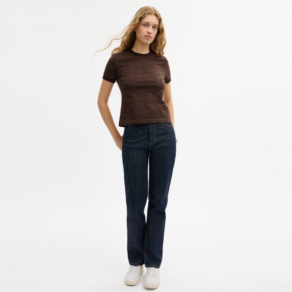 COACH®,Signature Ringer T-Shirt,Cotton,Knit,Cotton Knit,T Shirt,Pattern,Embellished,Logo,Casual,Brown,Scale View