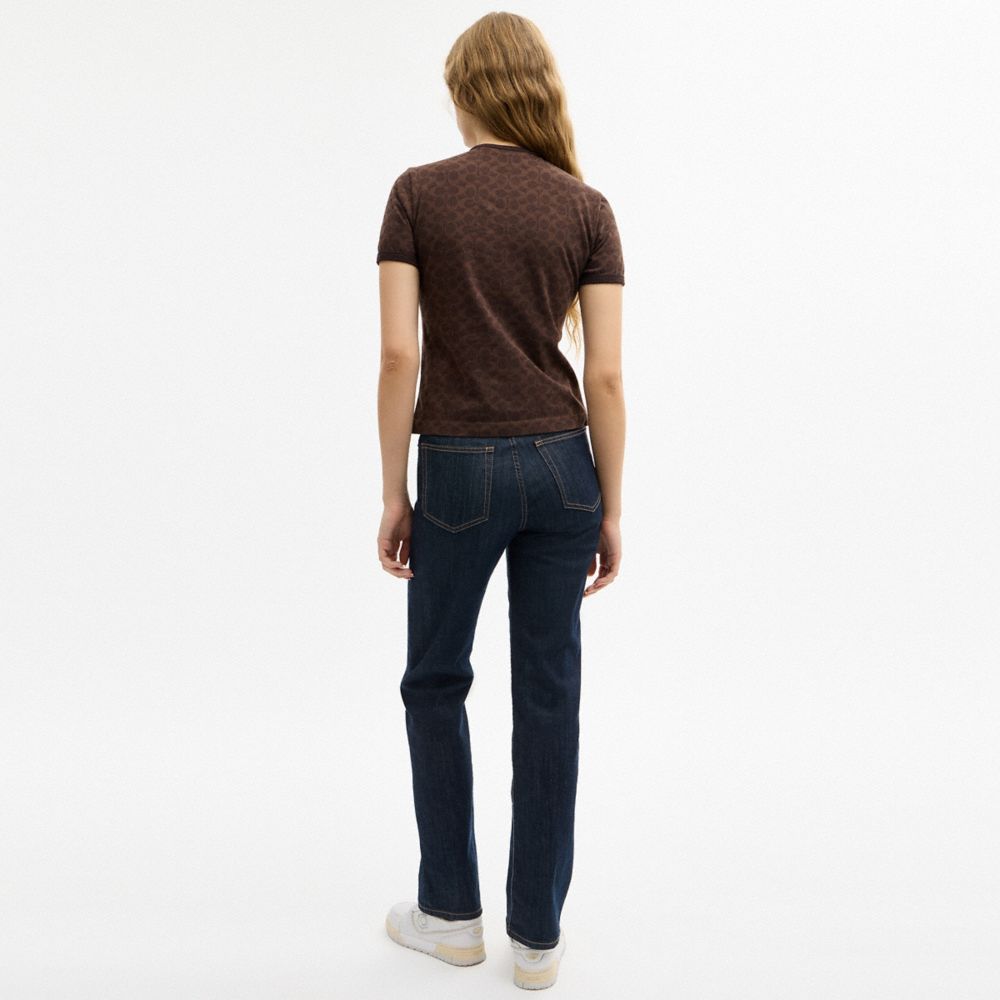 COACH®,Signature Ringer T-Shirt,Cotton,Knit,Cotton Knit,T Shirt,Pattern,Embellished,Logo,Casual,Brown,Scale View