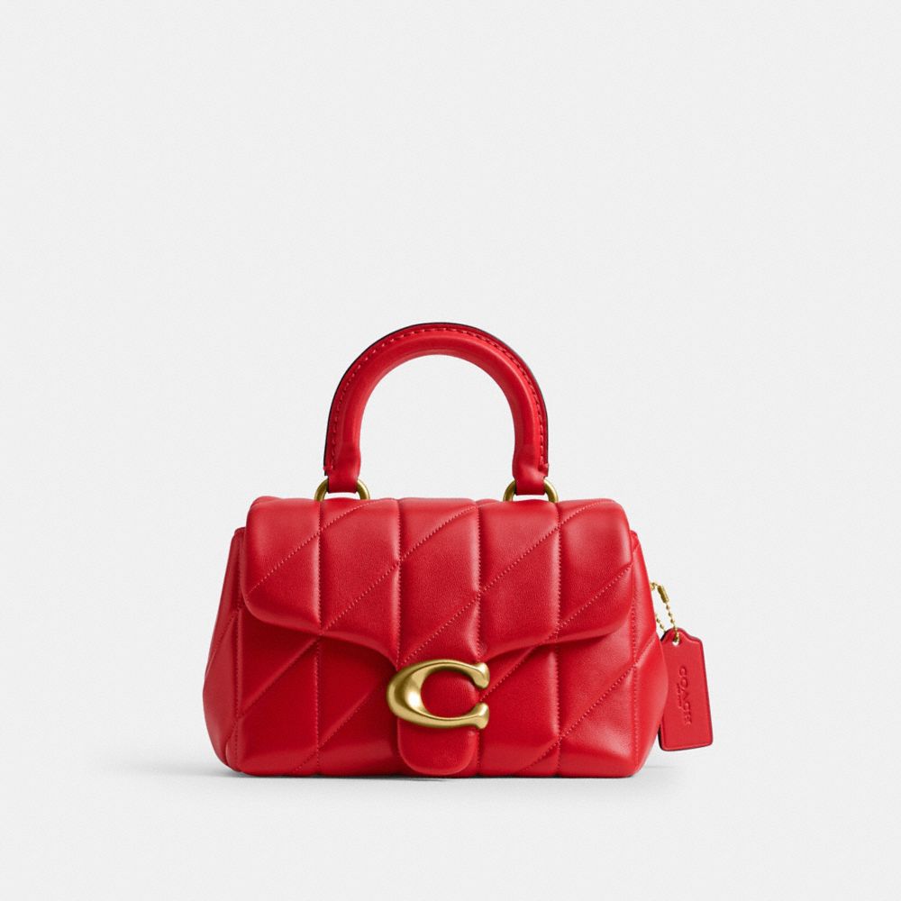 COACH®,Tabby Top Handle Bag With Quilting,Lining Leather,Leather,Satchel,Metal,Logo,Chain Detail,Gold Metal,Brass,Day Party,Red,Front View