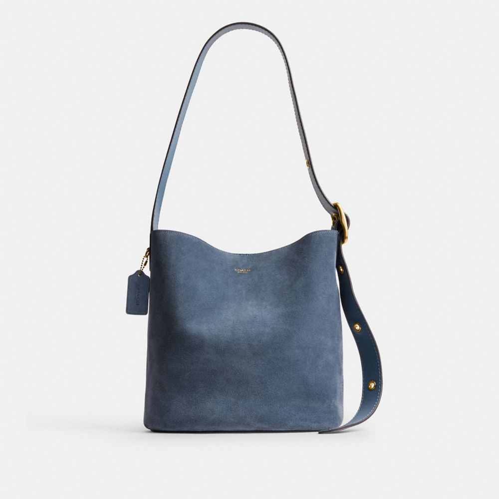 COACH®,Bleecker Bucket Bag,Suede,Lining Leather,Leather,Mixed Media,Bucket,Hobo,Embellished,Adjustable,Lined,Removable Pou...,Navy,Front View