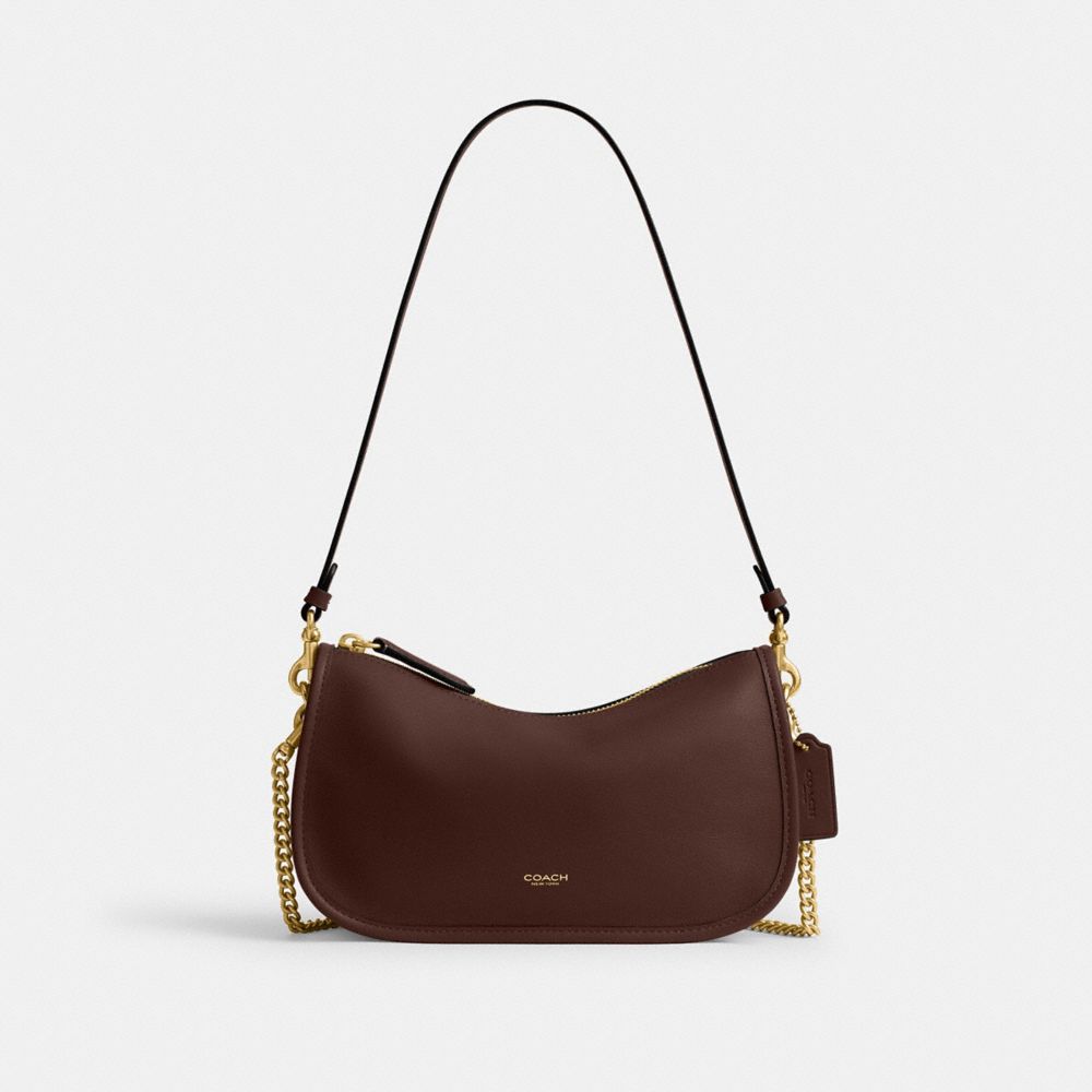 COACH®,Waverly Bag,Leather,Shoulder Bag,Chain Detail,Compact,Adjustable,Lined,Brass,Day Party,Brown,Front View