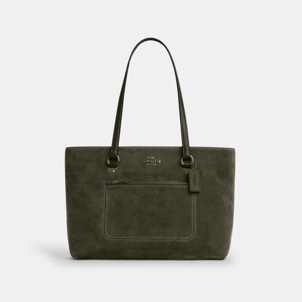 COACH®,Station Tote Bag,Mixed Media,Suede,Leather,Tote,Logo,Metal,Lined,Gold Metal,Casual,Olive,Front View