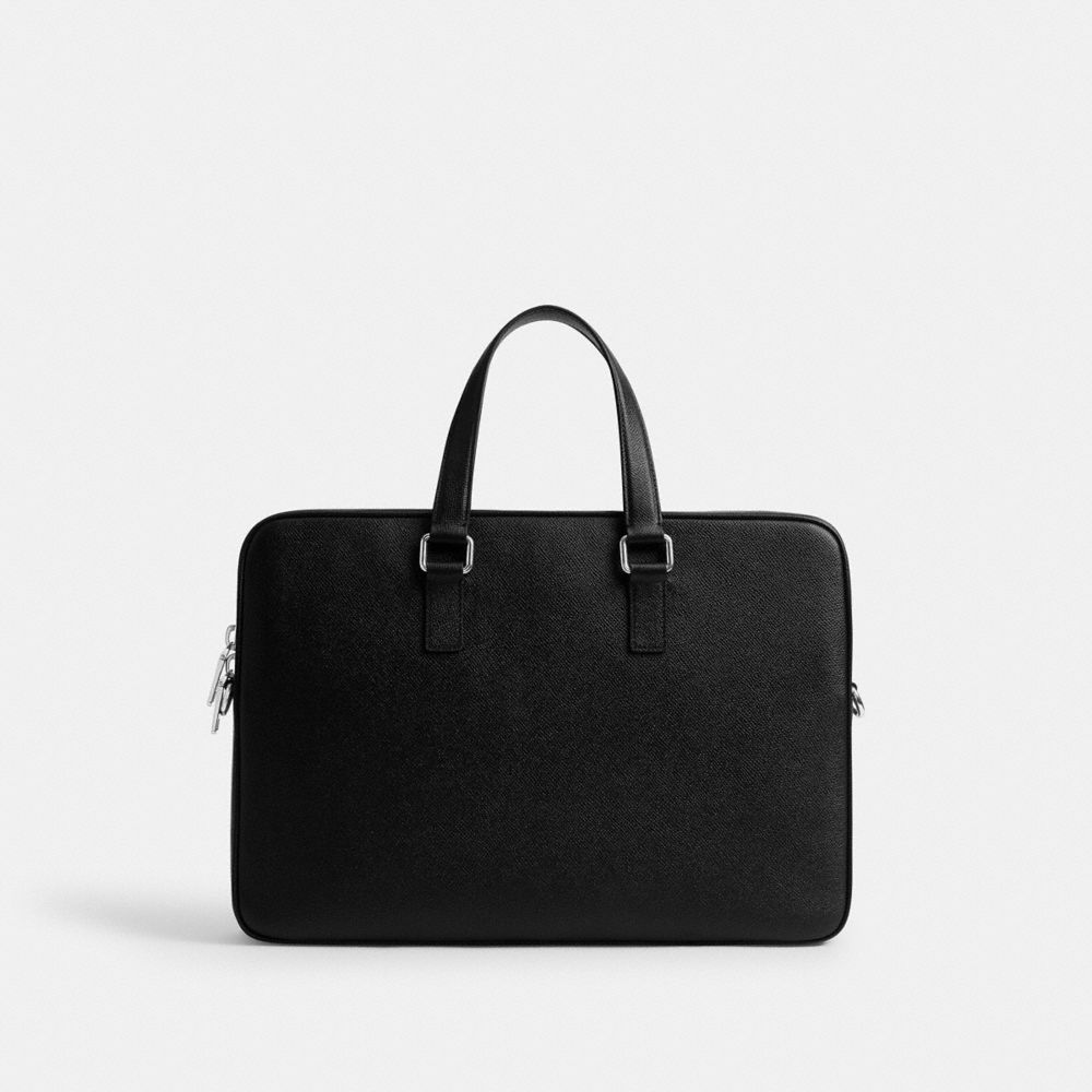 COACH®,Caden Brief Bag,Leather,Briefcase,Logo,Metal,Engraved Detail,Embellished,Scratch Resistant,Lined,Adjustable,Durable...,Black,Back View