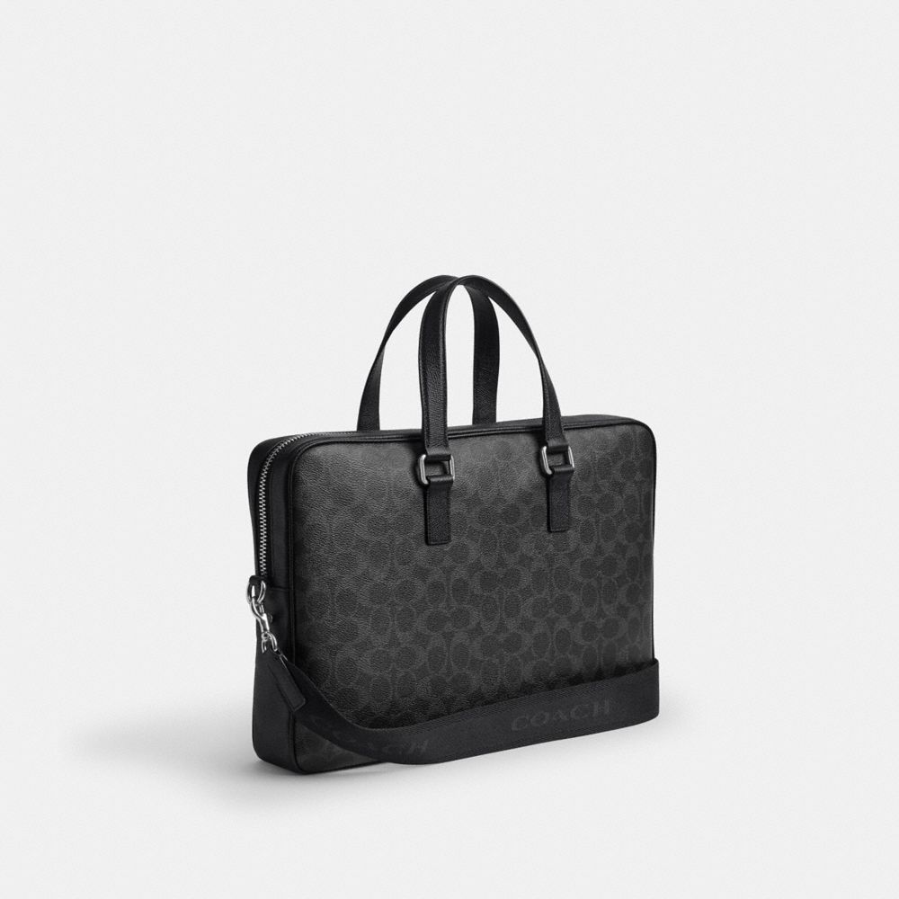 COACH®,Caden Brief Bag In Signature Canvas,Leather,Canvas,Briefcase,Logo,Scratch Resistant,Lined,Adjustable,Water Resistan...,Black,Angle View