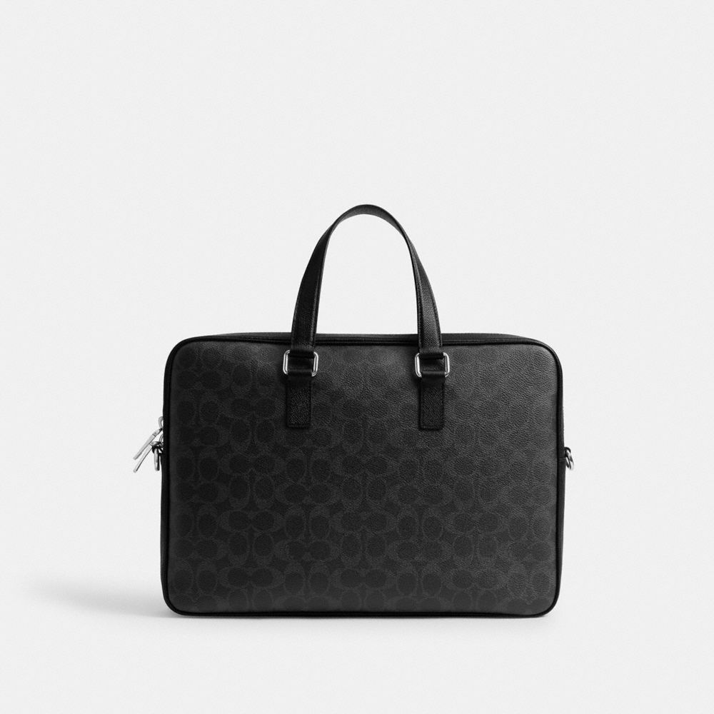 COACH®,Caden Brief Bag In Signature Canvas,Leather,Canvas,Briefcase,Logo,Scratch Resistant,Lined,Adjustable,Water Resistan...,Black,Back View