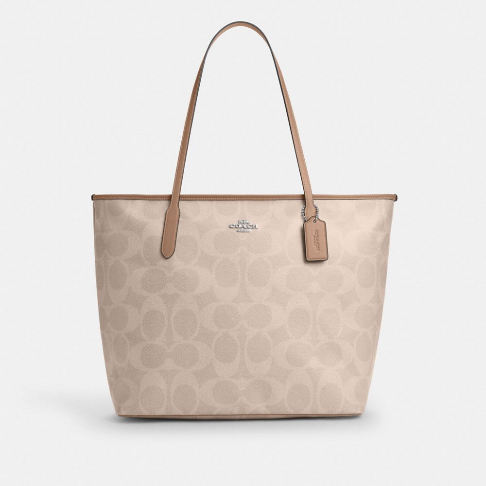 COACH®,Large City Tote Bag In Maxi Signature Canvas,Fabric,Canvas,Leather,Tote,Embellished,Logo,Lined,Gold Metal,Work,Beige,Front View