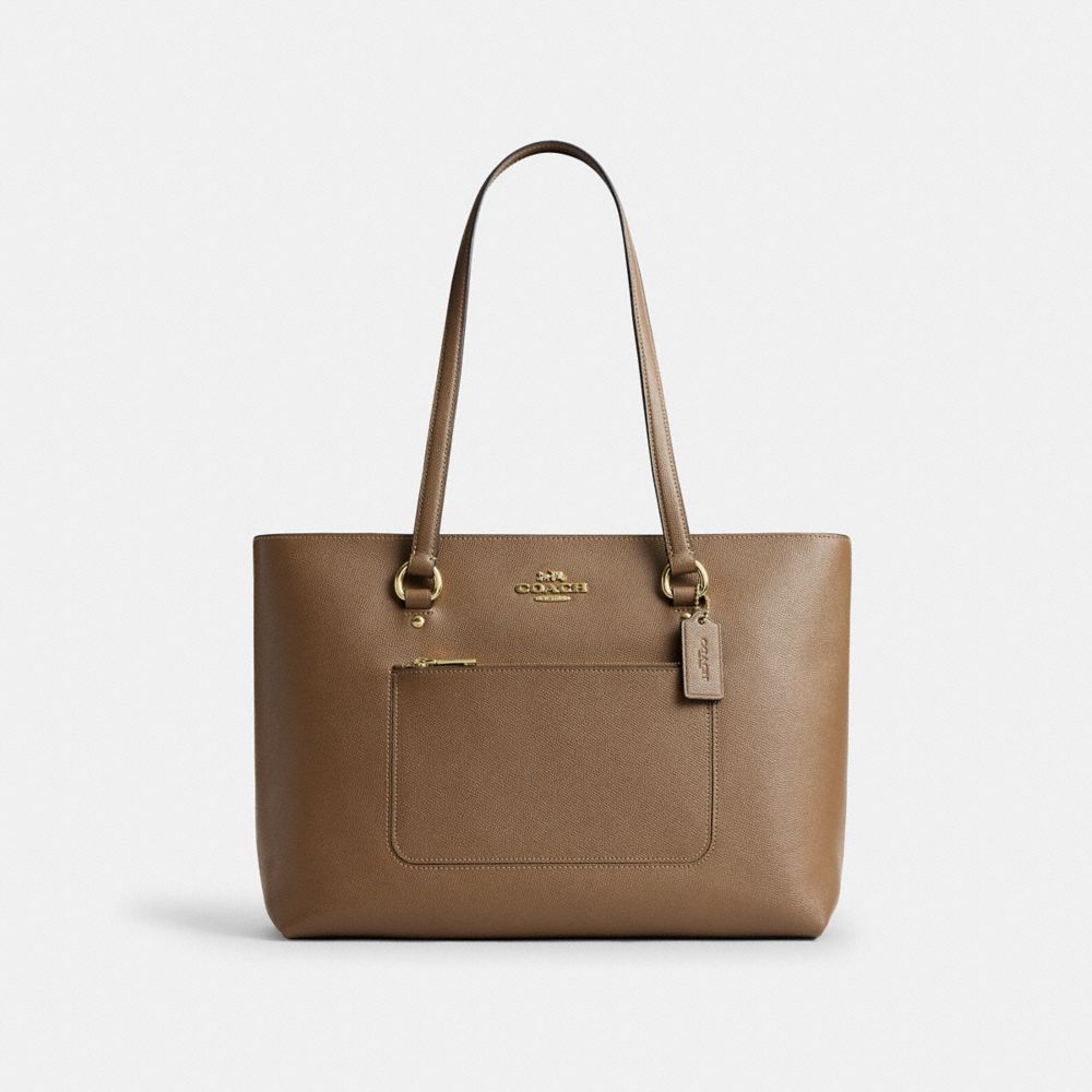 COACH®,Station Tote Bag,Leather,Lining Canvas,Mixed Media,Canvas,Tote,Lined,Gold Metal,Work,Brown,Front View