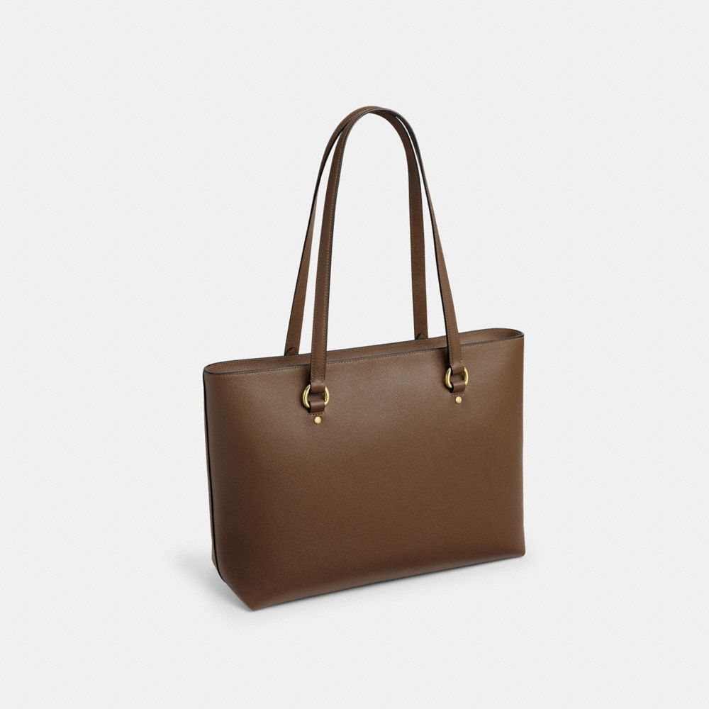 COACH®,Station Tote Bag,Leather,Lining Canvas,Canvas,Mixed Media,Tote,Lined,Gold Metal,Work,Brown,Angle View