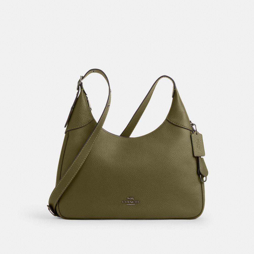 COACH®,Ella Shoulder Bag,Leather,Fabric,Hobo,Lined,Luggage Tag,Adjustable,Silver Metal,Casual,Olive,Front View