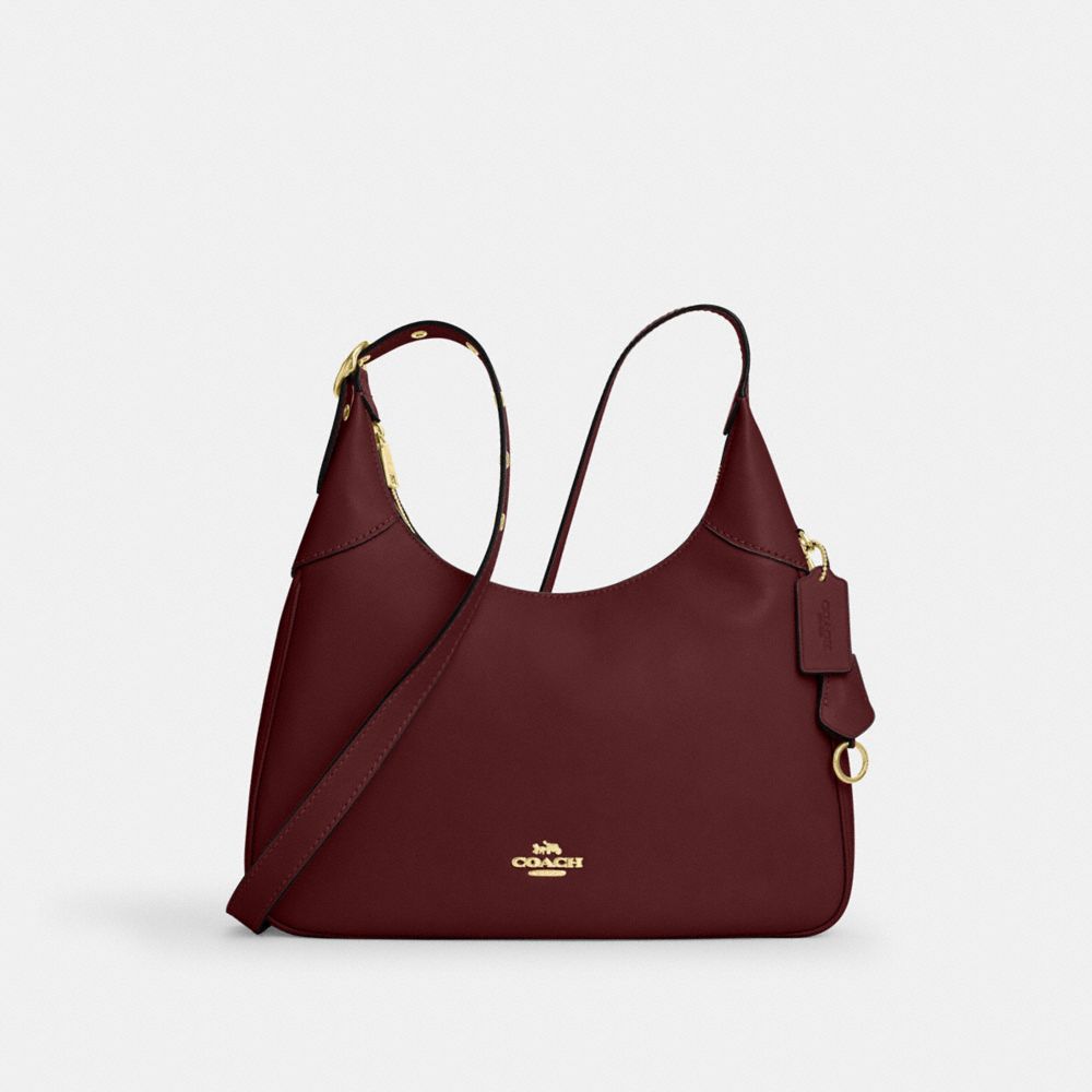 COACH®,Ella Shoulder Bag,Leather,Shoulder Bag,Lined,Adjustable,Gold Metal,Casual,Maroon,Front View