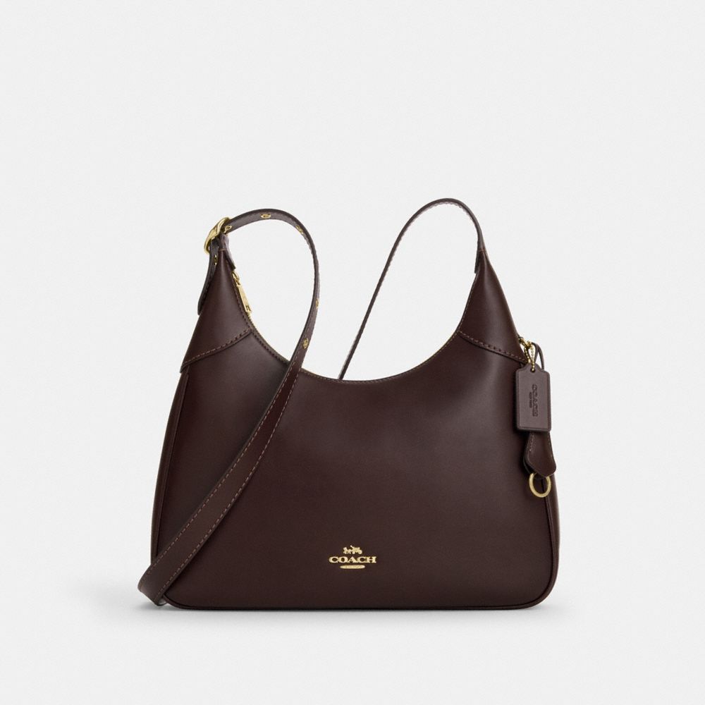 COACH®,Ella Shoulder Bag,Leather,Shoulder Bag,Lined,Adjustable,Gold Metal,Casual,Brown,Front View