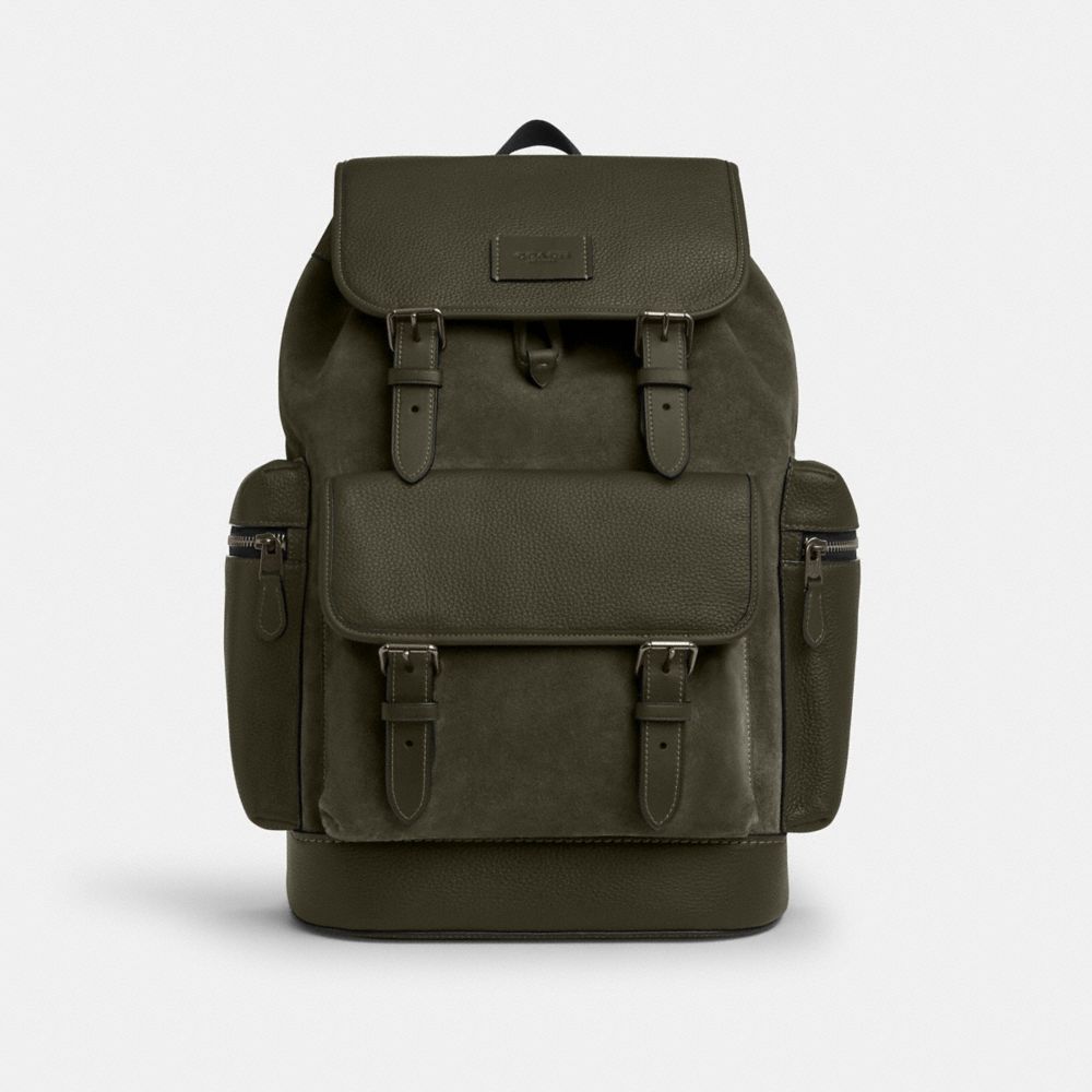 COACH®,Sprint Backpack,Leather,Suede,Calfskin Leather,Backpack,Metal,Adjustable,Suitcase Sleeve,Lined,Casual,Olive,Front View