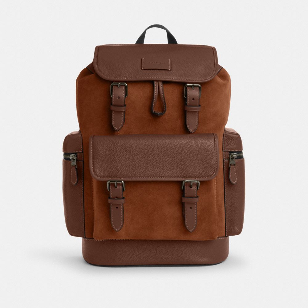 COACH®,Sprint Backpack,Leather,Suede,Calfskin Leather,Backpack,Metal,Adjustable,Suitcase Sleeve,Lined,Casual,Brown,Front View