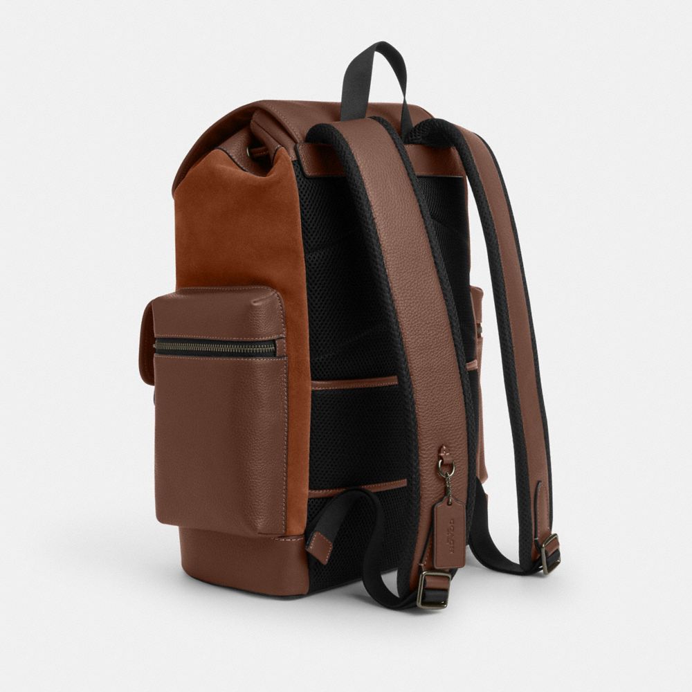 COACH®,Sprint Backpack,Leather,Suede,Calfskin Leather,Backpack,Metal,Adjustable,Suitcase Sleeve,Lined,Casual,Brown,Angle View