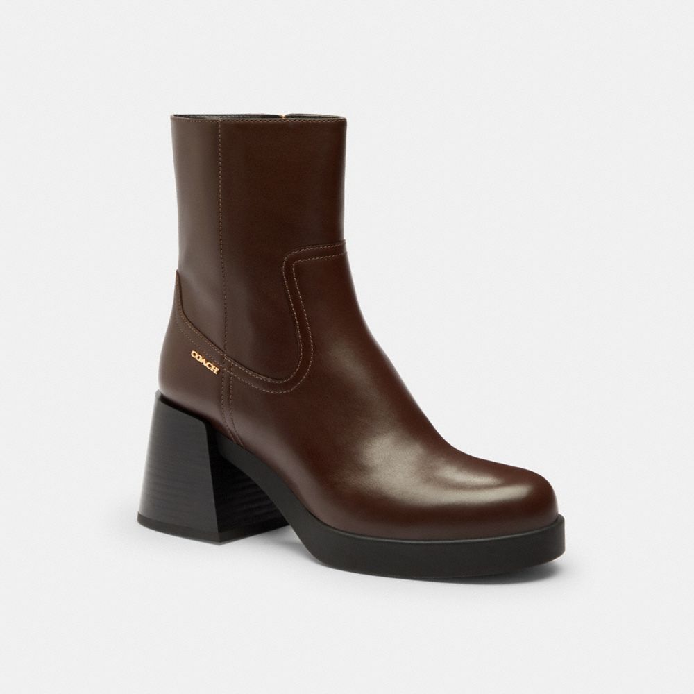 COACH®,Block Heel Boot,Brown,Front View
