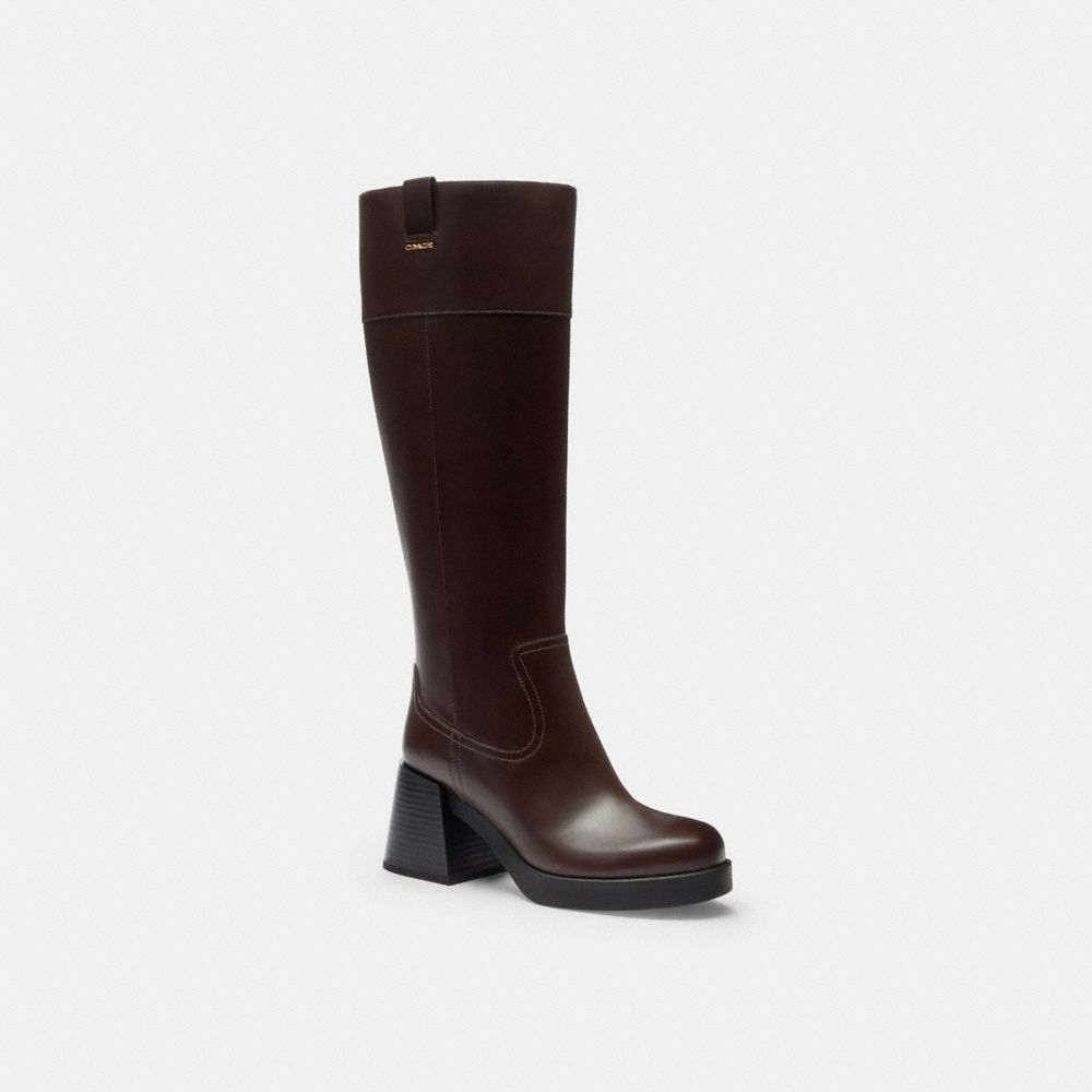 COACH®,Block Heel Tall Boot,Brown,Front View