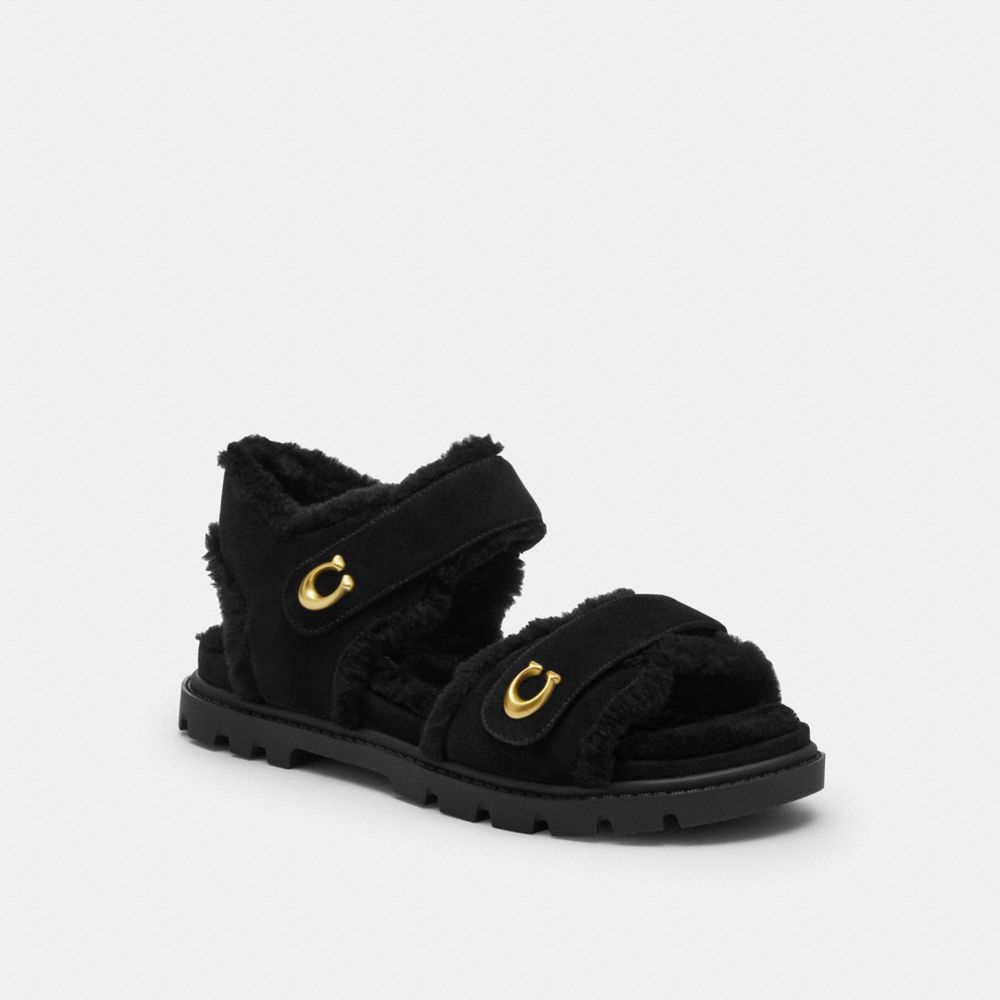 COACH®,Brynn Sandal,Rubber,Suede,Shearling,Sandals,Piping,Shearling,Logo,Metal,Pull Tab,Traction,Casual,,Front View