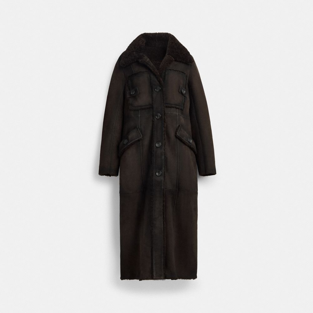 COACH®,Long Shearling Trench Coat,Shearling,Trench,Shearling,Center Back Vent,Casual,Black,Front View