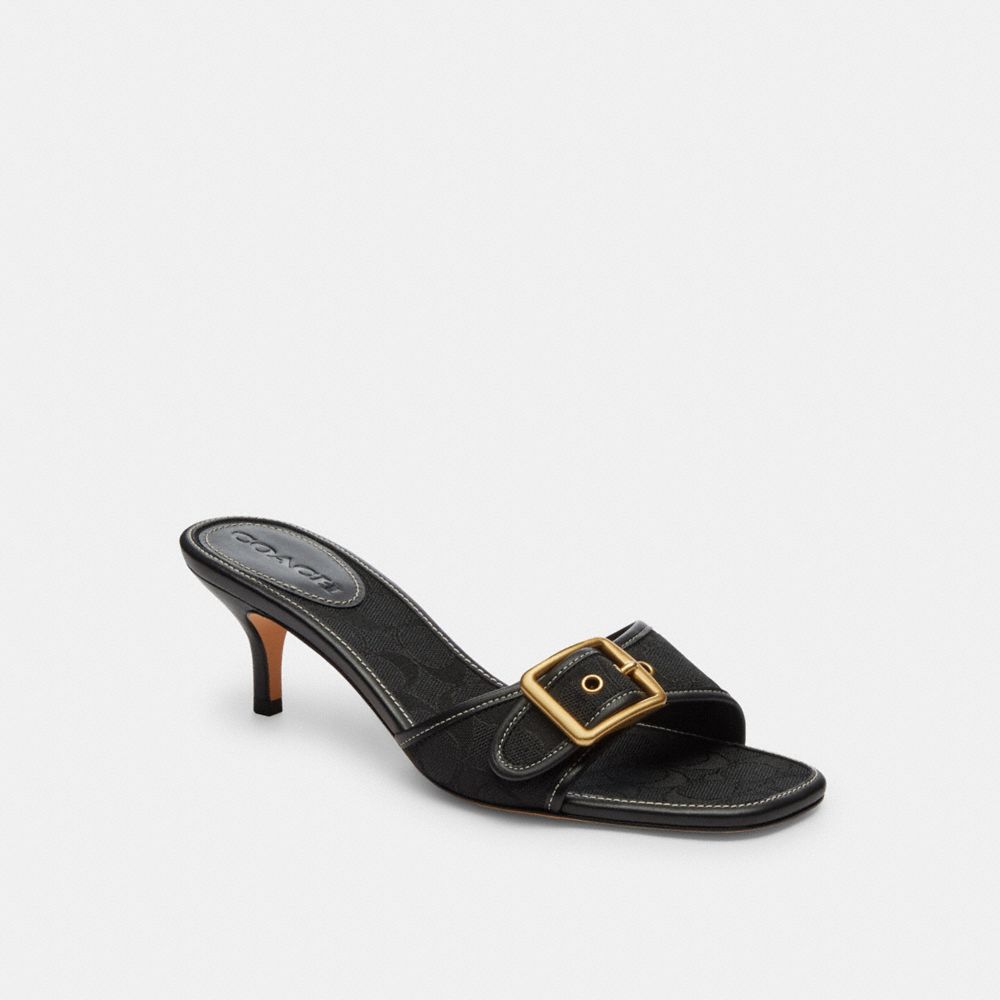 COACH®,Margot Sandal In Signature Jacquard,Recycled Cotton,Recycled Polyester,Leather,Slides,Fabric,Piping,Logo,Sustainabl...,Black,Front View