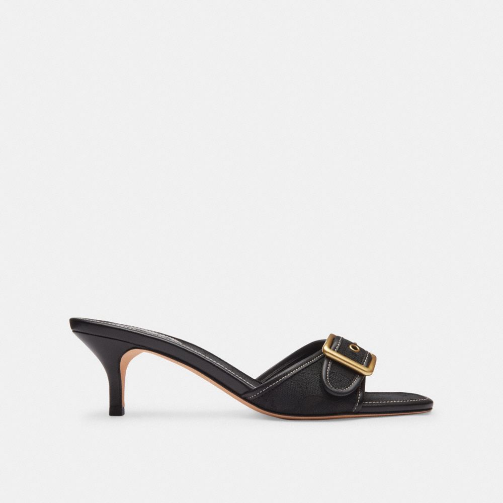 COACH®,Margot Sandal In Signature Jacquard,Recycled Cotton,Recycled Polyester,Leather,Slides,Fabric,Piping,Logo,Sustainabl...,Black,Angle View