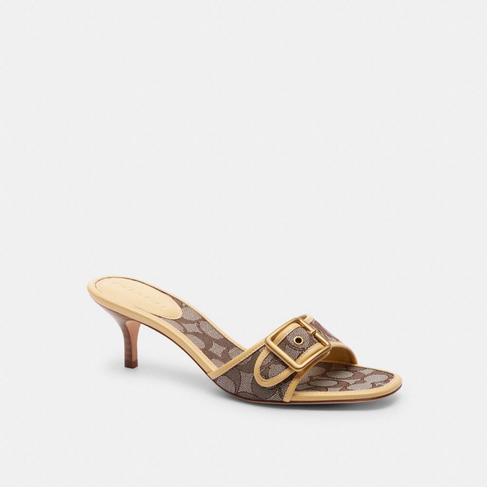 COACH®,Margot Sandal In Signature Jacquard,Recycled Cotton,Recycled Polyester,Leather,Slides,Fabric,Piping,Logo,Sustainabl...,,Front View