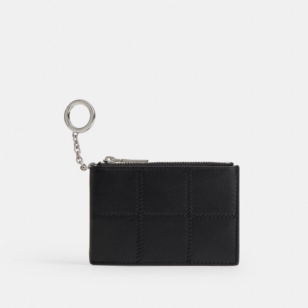 COACH®,Zip Card Case With Key Ring In Upcrafted Leather,Leather,Recycled Polyester,Lining Recycled Polyester,Card Case,Sti...,Black,Front View