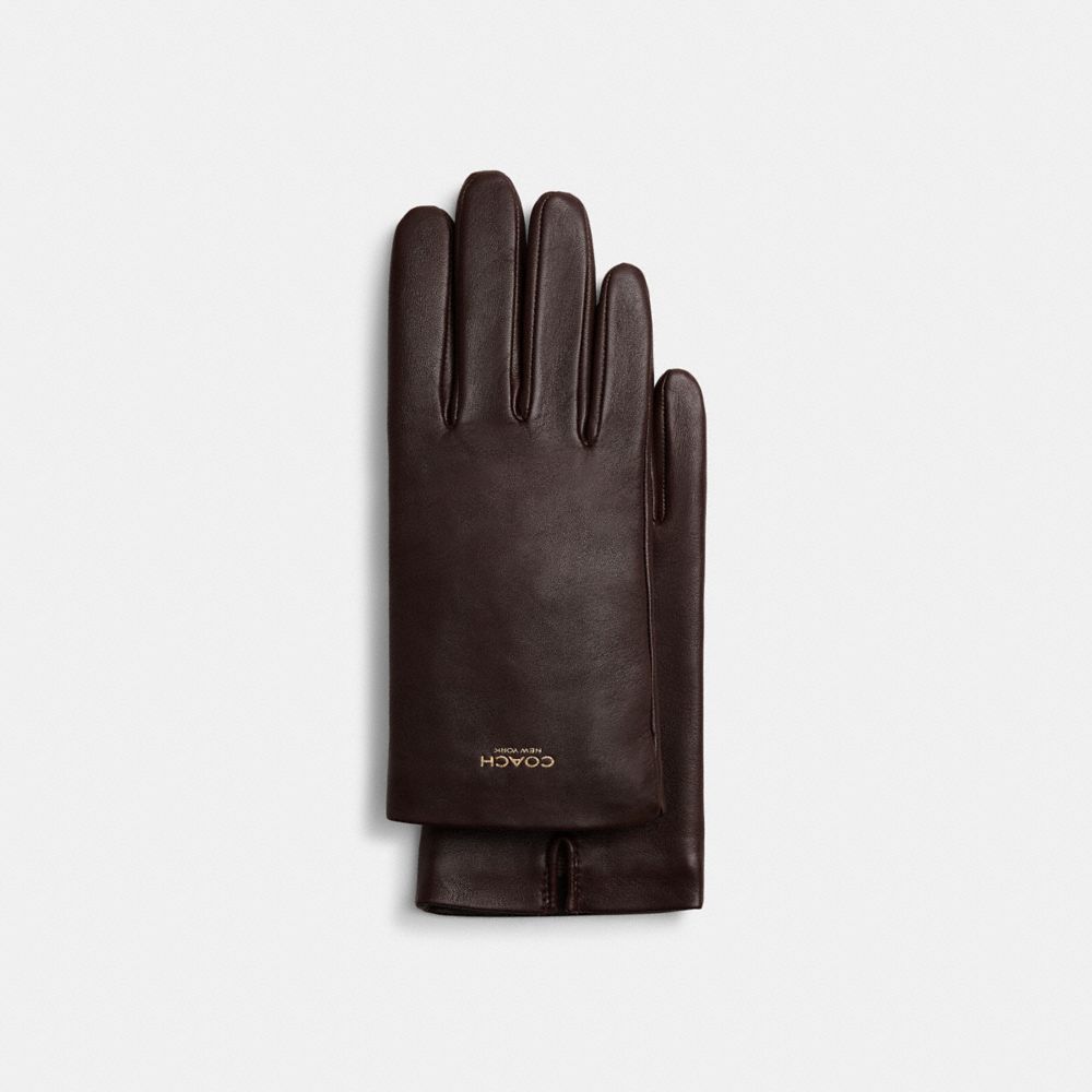 COACH®,Women's Leather Tech Gloves,Lining Wool,Leather,Wool,Classic Gloves,Lined,Tech Touch,Casual,Brown,Front View