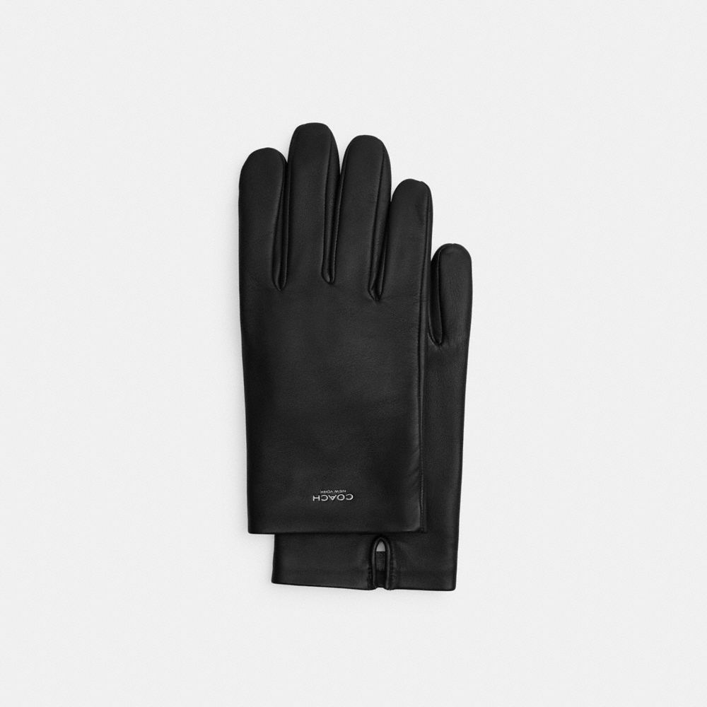 COACH®,Men's Leather Tech Gloves,Black,Front View