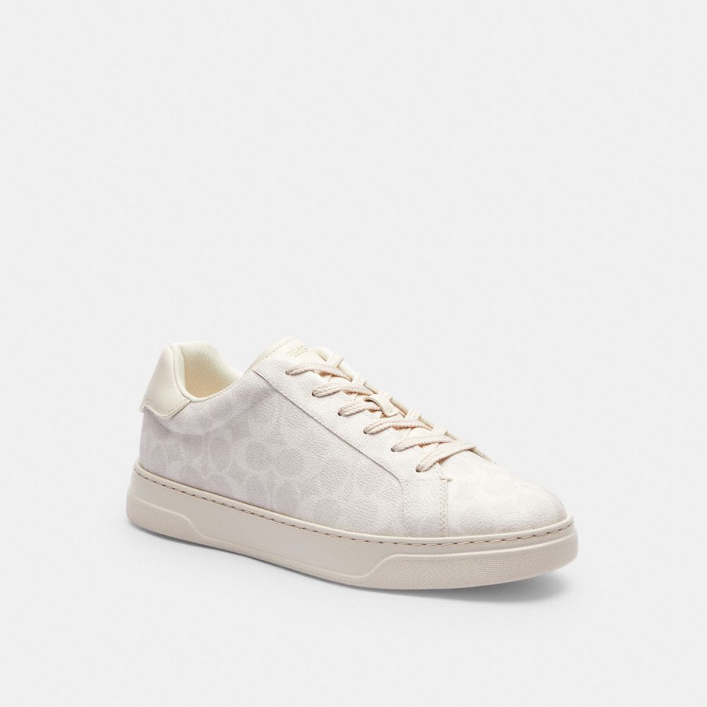 COACH®,High Line Sneaker In Signature Canvas,Canvas,Leather,EVA,Casual,Low Top,Fabric,Logo,Fabric Embellishment,Pattern,Cu...,Cream,Front View