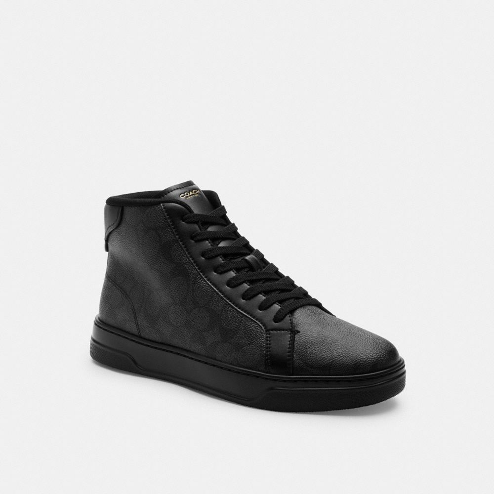 COACH®,High Line High Top Sneaker In Signature Canvas,Canvas,Leather,High Top,Casual,Fabric,Logo,Cushioned,Casual,Black,Front View