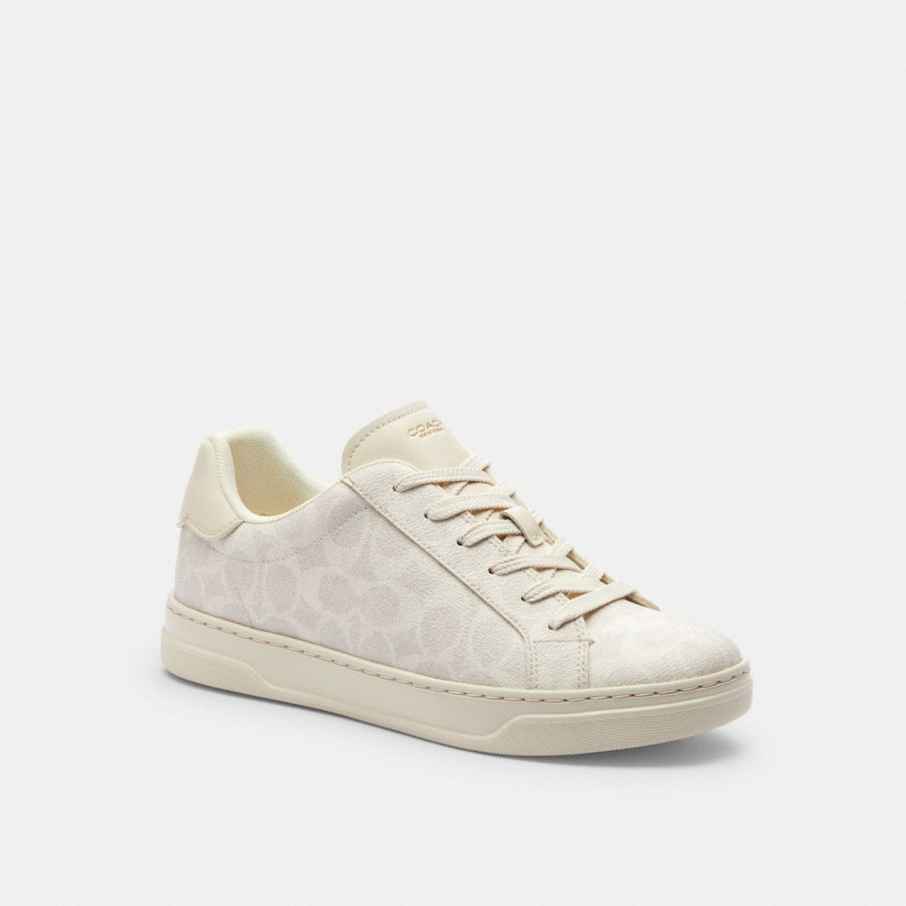 COACH®,High Line Sneaker In Signature Canvas,EVA,Canvas,Leather,Casual,Fabric,Logo,Pull Tab,Casual,Cream,Front View