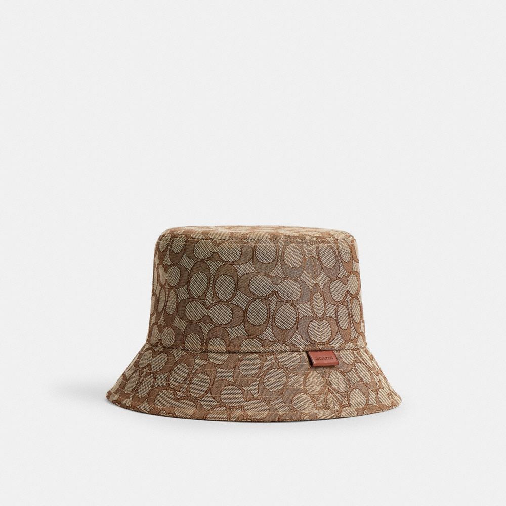 COACH®,Signature Jacquard Bucket Hat,Cotton Blend,Polyester,Recycled Polyester,Cotton,Bucket,Tag Embellishment,Logo,Eco-Fr...,Beige,Front View
