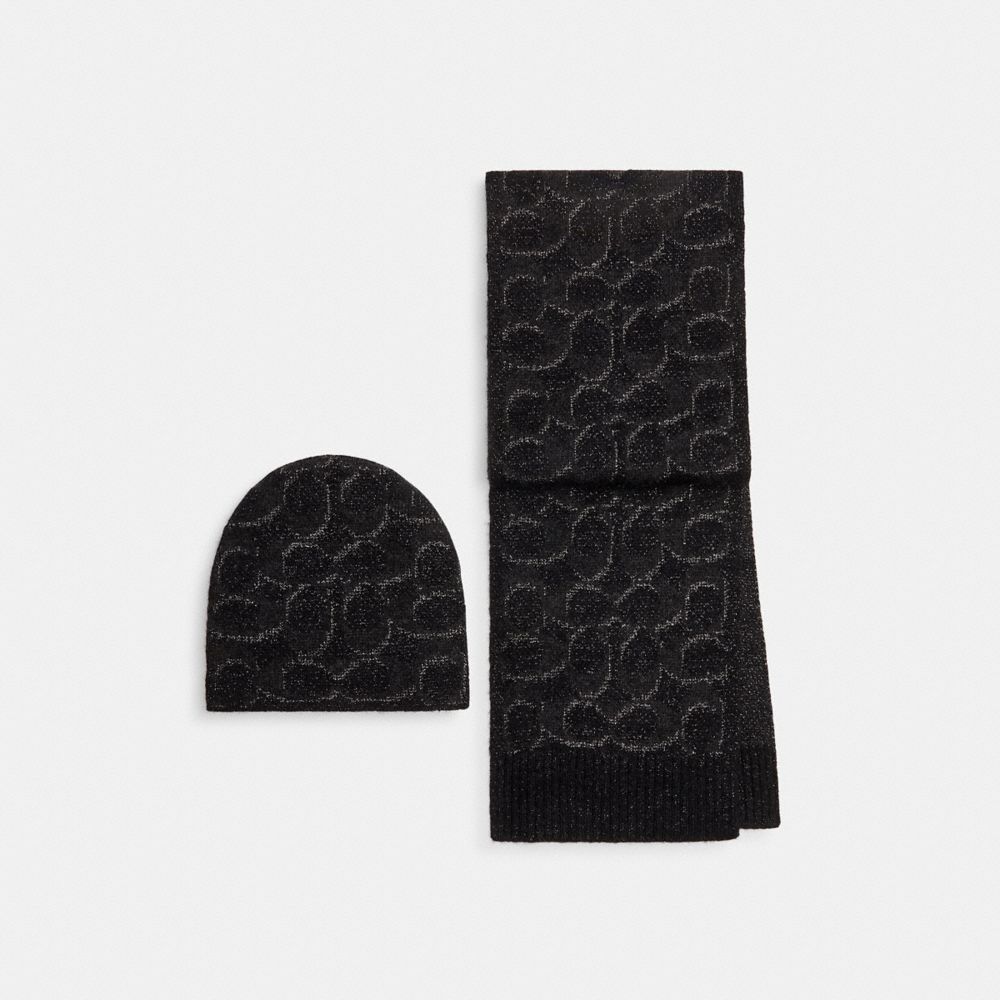 COACH®,Signature Metallic Beanie And Muffler Gift Set,Wool,Alpaca,Nylon,Rectangle,Beanie,Logo,Casual,Black,Front View