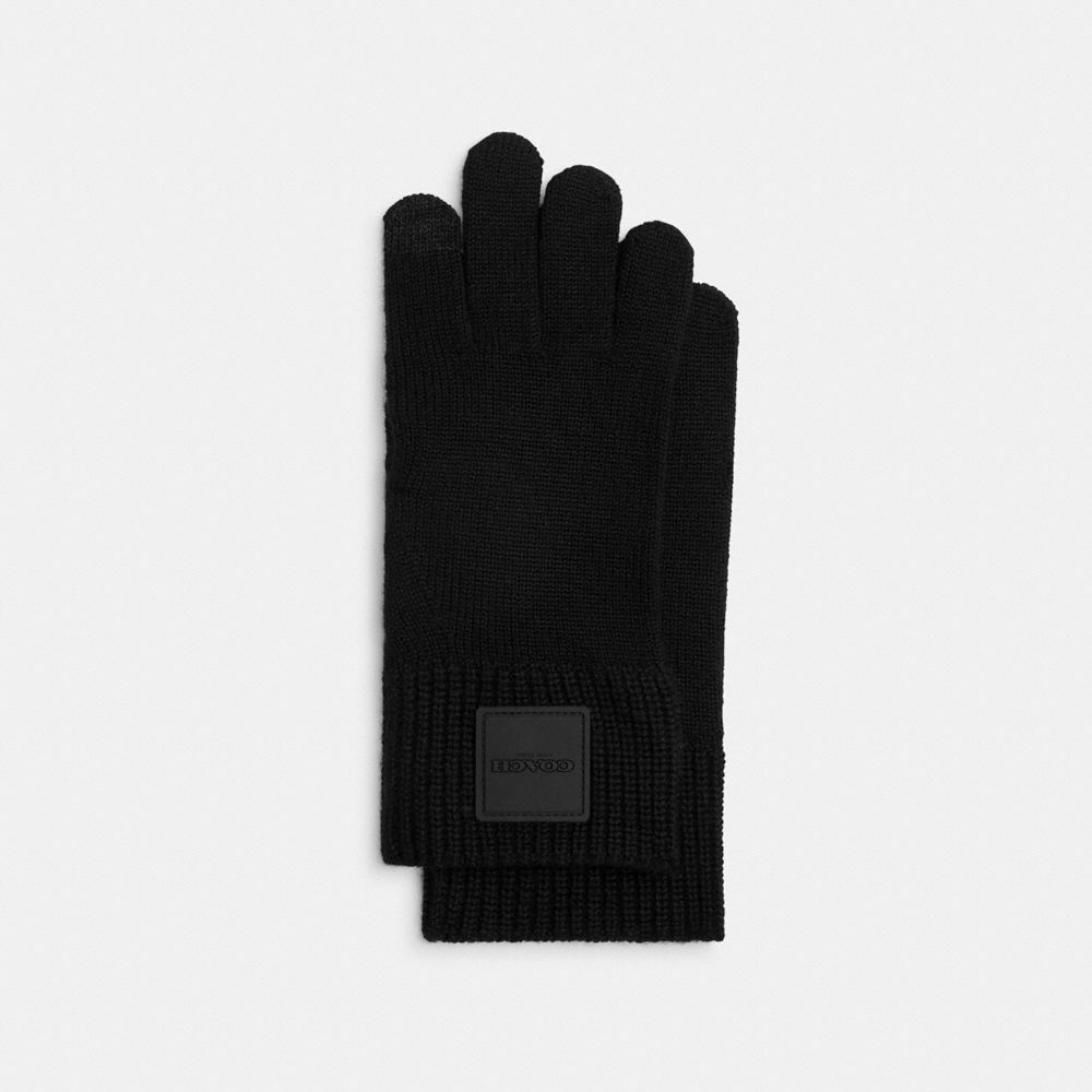 COACH®,Knit Tech Gloves With Rubber Patch,Wool,Knit,Classic Gloves,Rubber,Applique,Logo,Tech Touch,Casual,Black,Front View