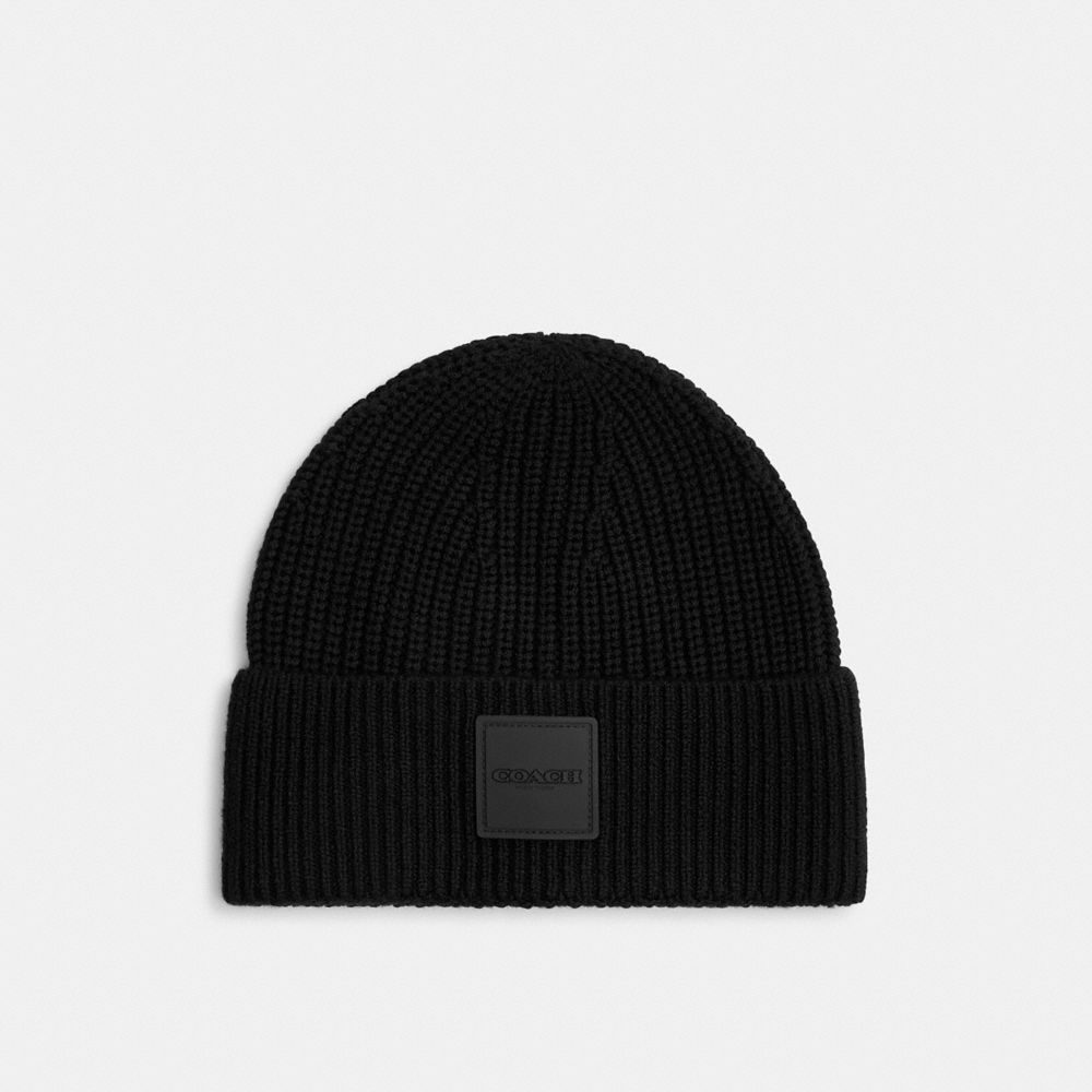 COACH®,Knit Beanie With Rubber Patch,Knit,Wool,Beanie,Rubber,Applique,Logo,Casual,Black,Front View