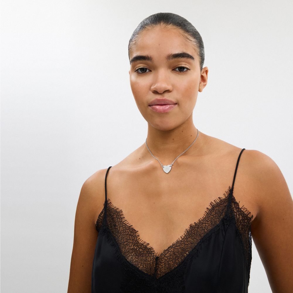 COACH®,Coach Heart Pendant Necklace,Single Strand,Cubic Zirconia,Heart Embellishment,Rhinestones,Silver Plated,Brass,Brass...,,Detail View